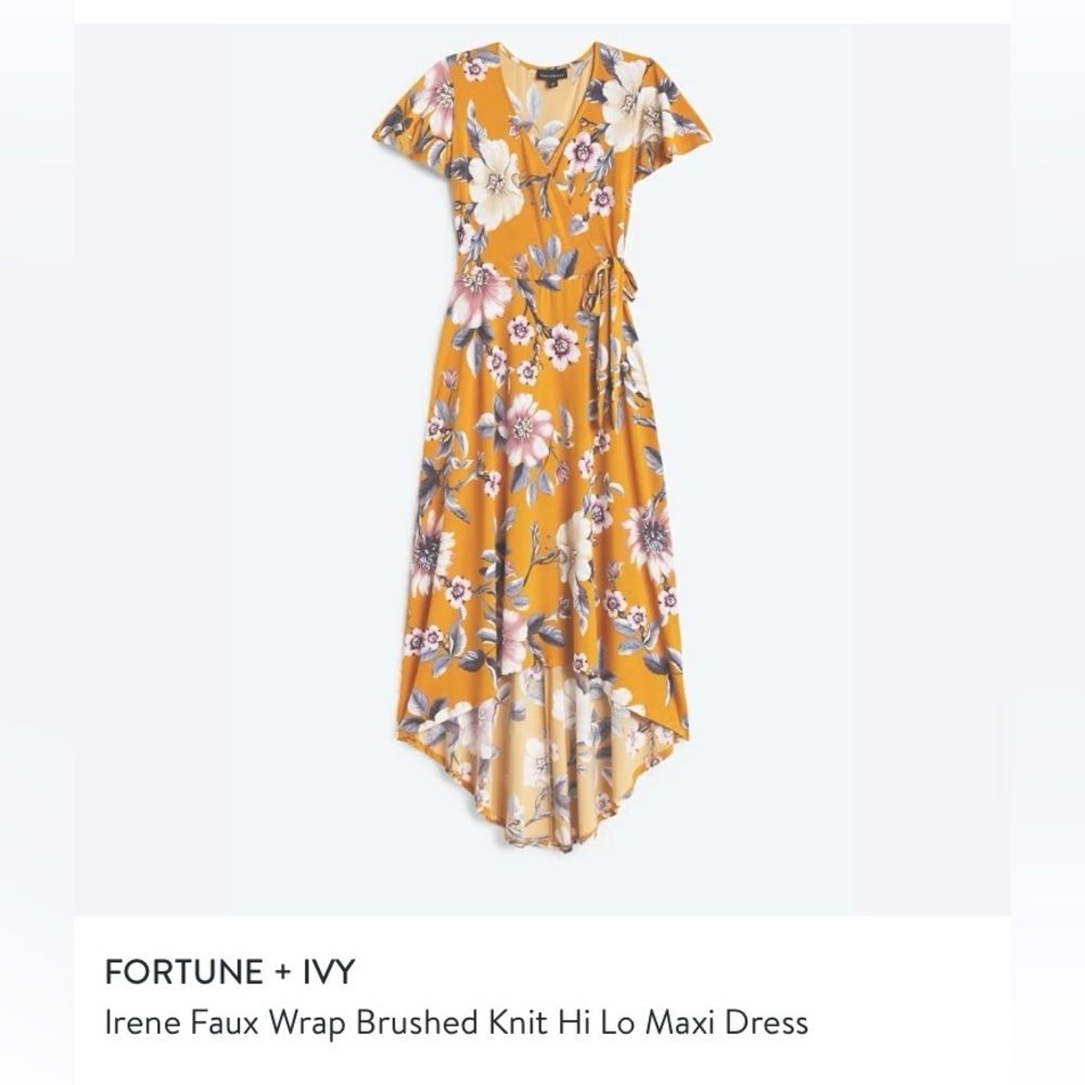 Fortune + Ivy: Irene Faux Wrap Brushed Knit Hi Lo Maxi dress (size Medium)